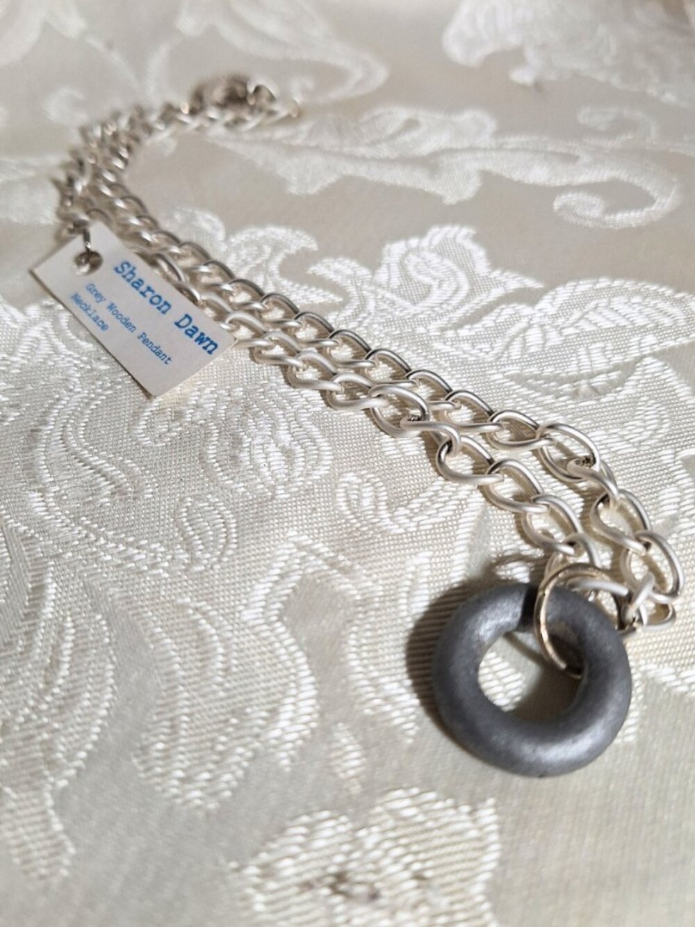 Grey Wooden Loop on a White Chain Necklace Art One-of-a-Kind Chic 19 inch Chain
